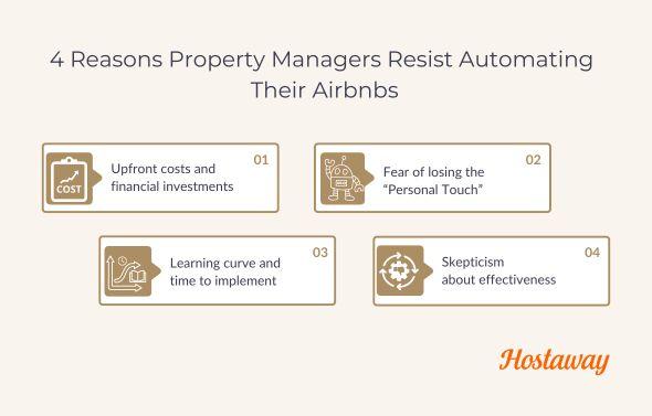 Airbnb automation such as smart locks or electronic locks, scheduled messages, self check-in can be done through software solutions but not all hosts are comfortable and prefer to do things manually even if it's extremely time consuming