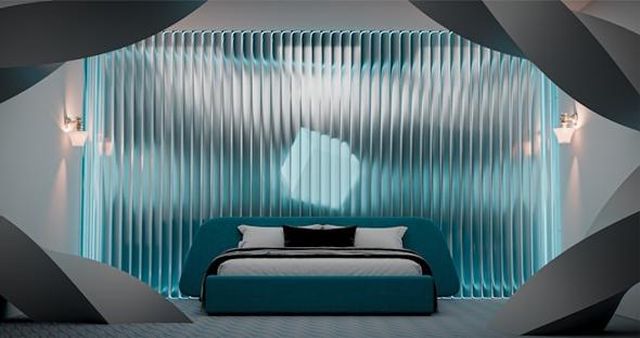 A striking vacation rental bedroom with a teal bed frame, crisp white linens, and an illuminated sculptural wall — highlighting the importance of fresh bedding and well-presented spaces that contribute to 5-star guest reviews.