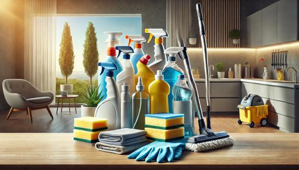 Cleaning supplies, such as sprays and cloths, are neatly placed on a table, ready for use in maintaining cleanliness.