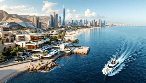 A breathtaking beachfront community featuring contemporary villas with infinity pools, surrounded by palm trees and stunning mountain backdrops. 