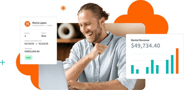 This image illustrates how Hostaway's software helps short-term rental managers grow their business. It features a happy user looking at a screen displaying key performance indicators, such as a new direct booking from a guest and a rental revenue chart showing significant earnings of nearly $50,000, highlighting the platform's effectiveness in increasing profitability and streamlining operations.