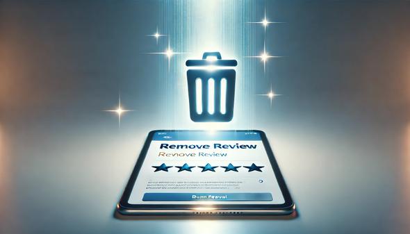 The digital interface displays a 'Remove Review' option with a glowing trash bin icon, symbolizing the process of deleting online reviews.
