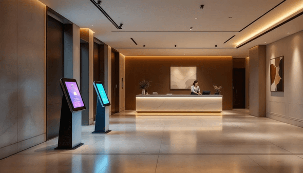 The image depicts a modern hotel lobby featuring sleek digital check-in kiosks and strategically placed security cameras, emphasizing enhanced security and guest screening processes. This setup aims to streamline identity verification and ensure only verified guests can access accommodations, contributing to overall customer satisfaction and fraud prevention.