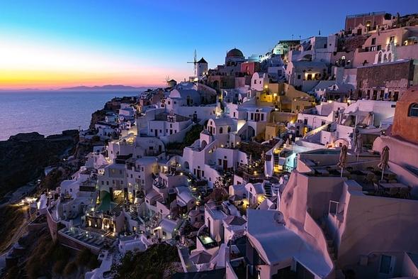 sunset, houses, greece, santorini, thira, island, scenery, ocean, luxury, nature, holiday, vacation