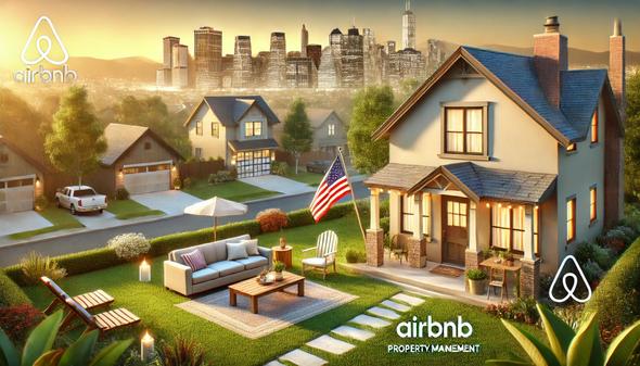 A peaceful suburban home with a well-manicured lawn and outdoor seating area, set against the backdrop of a city skyline. The image highlights Airbnb's property management services, with a focus on maintaining inviting and well-managed short-term rental properties.