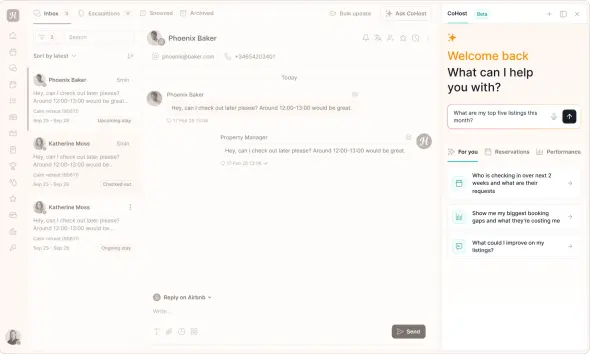A full desktop view of the Hostaway platform with the AI CoHost panel open on the right side. While the inbox displays active guest conversations — including late checkout requests from guests like Phoenix Baker — CoHost greets the property manager with "Welcome back. What can I help you with?" and surfaces proactive, data-driven suggestions such as identifying top-performing listings, spotting booking gaps, and improving listing quality. This image highlights how AI CoHost works seamlessly alongside day-to-day operations, acting as an always-on assistant for vacation rental managers.