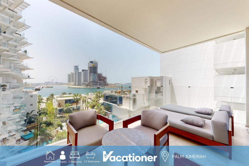 Lounge area in the balcony of Vacationer Dubai property in Palm Jumeira. 