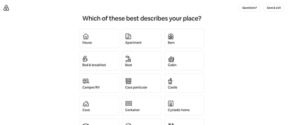 Start your listing by selecting your property type and category to help guests find your space easily in search results.