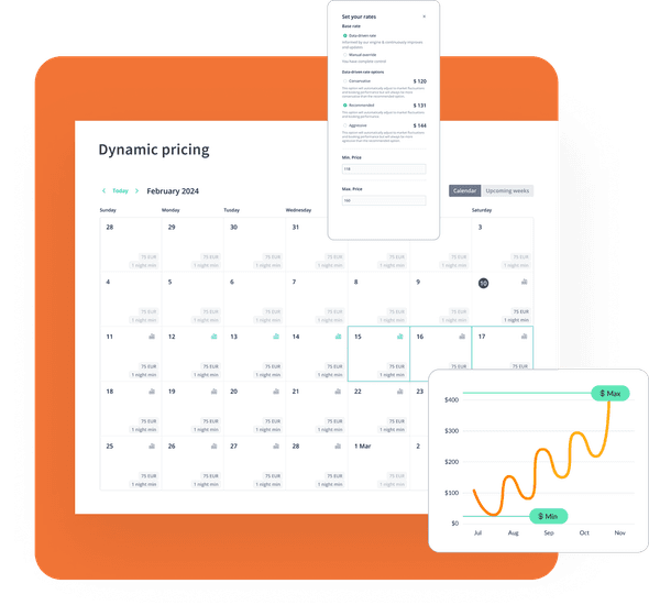Screenshot of the Hostaway AI dynamic pricing dashboard, featuring a calendar view and real-time pricing adjustments. Hostaway AI analyzes market trends, demand patterns, and booking data to automatically optimize short-term rental rates. The intuitive interface helps property managers maximize revenue with smart pricing recommendations and performance tracking through easy-to-read graphs and calendar updates.