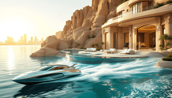 An opulent villa built into sandstone cliffs, featuring an infinity pool that seamlessly blends with the waterfront.