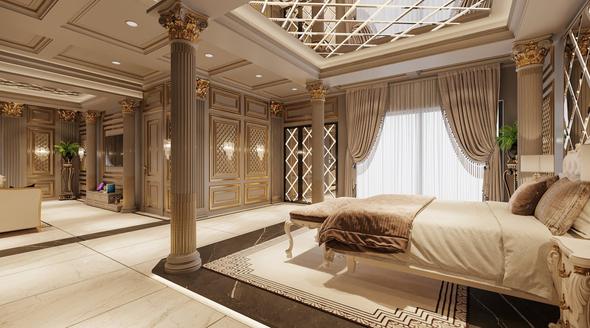 A palatial master suite that represents the upper tier of short-term rental interiors. Listings with luxury finishes and professionally styled interiors command significantly higher nightly rates, allowing hosts to achieve optimized occupancy — fewer nights booked at premium prices can outperform a fully booked calendar at lower rates. High-quality interior photography like this builds instant guest trust and drives conversion from listing view to confirmed booking.