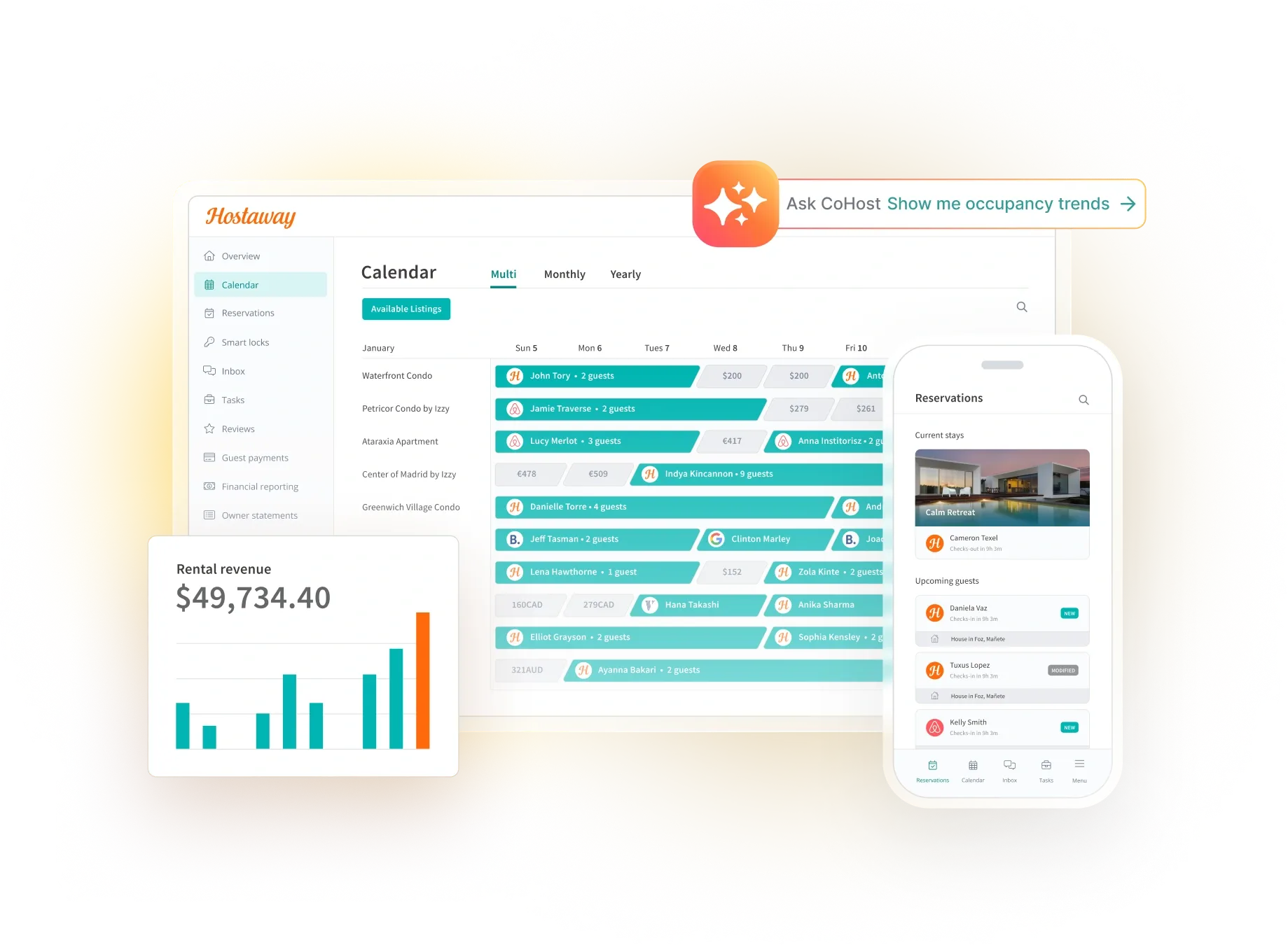Hostaway AI-powered vacation rental management software dashboard interface showing property management, channel integration, and guest messaging features for Airbnb, Vrbo, and Booking.com