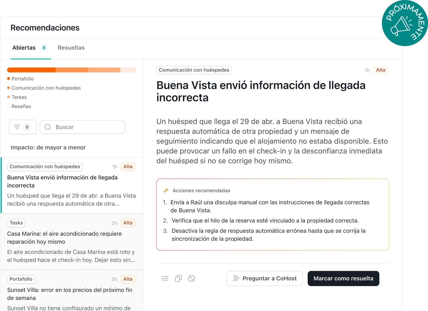 Panel de recomendaciones proactivas de CoHost