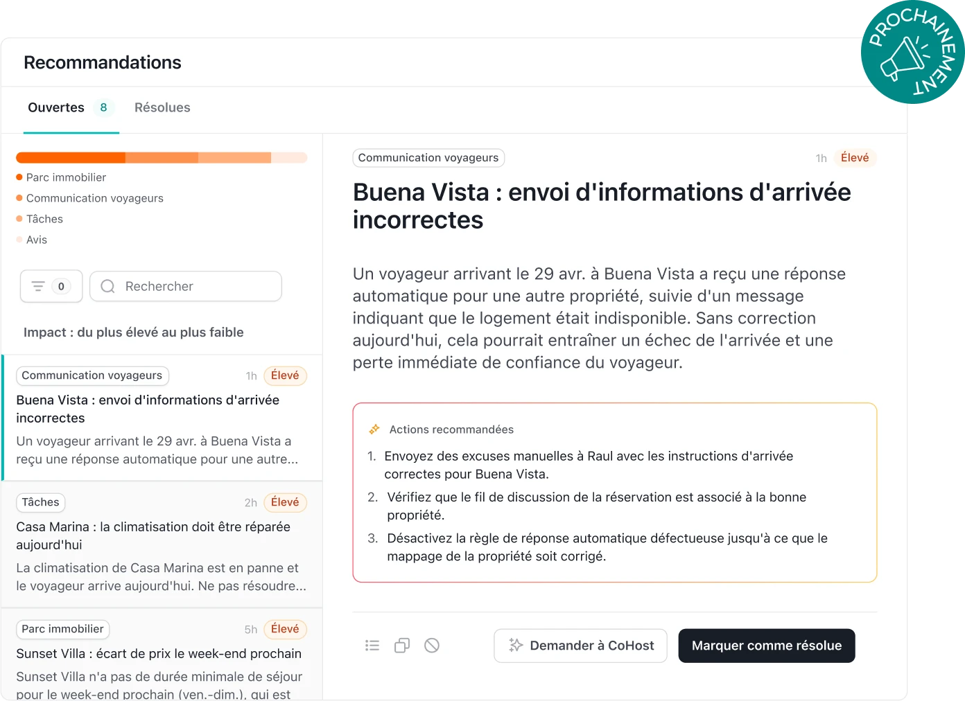 Tableau de bord des recommandations proactives du CoHost