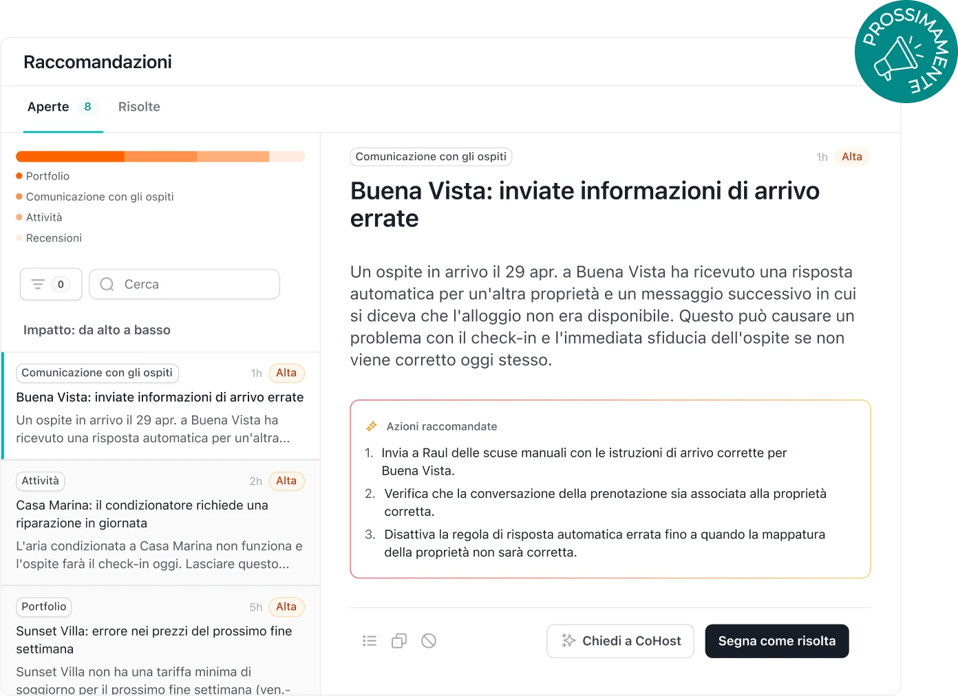 Dashboard dei consigli proattivi di CoHost