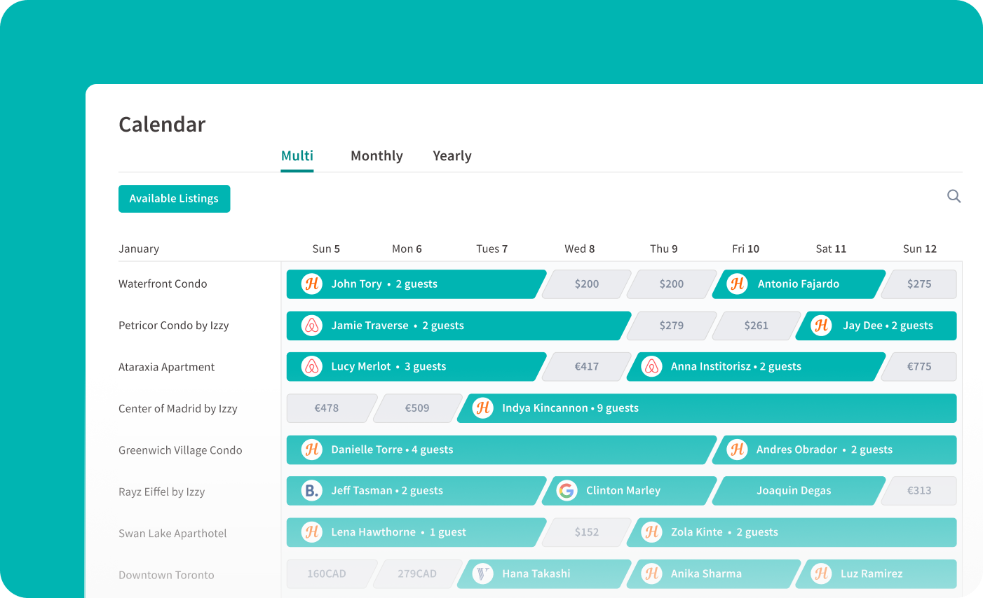 Vacation rental multi-calendar view showing property availability, rates, and reservations synchronized across booking platforms