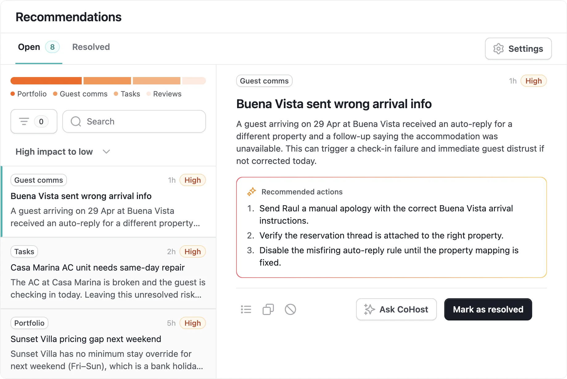 CoHost proactive recommendations dashboard
