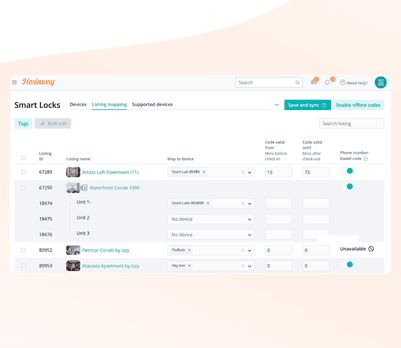 Smart lock integration interface showing remote access control, keyless entry management, and automated guest check-in systems for vacation rental properties