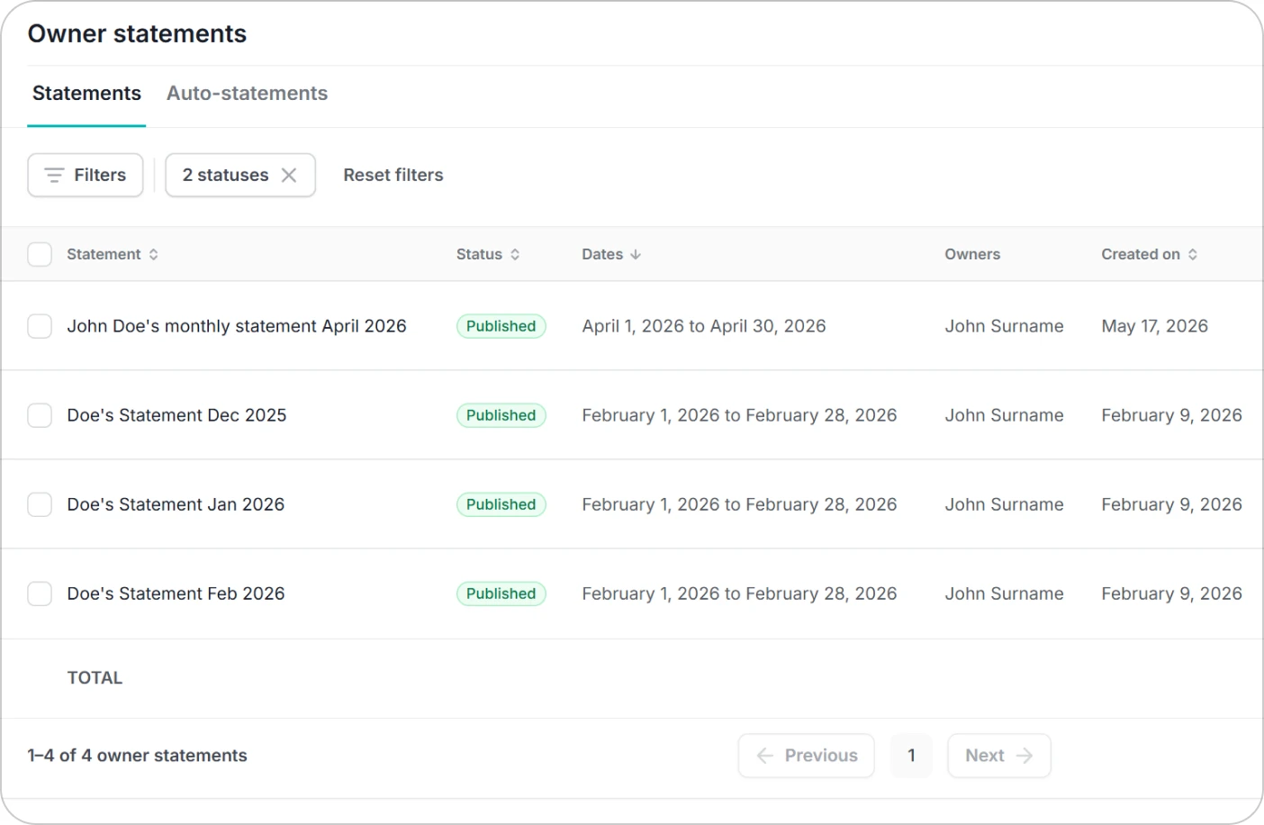 Published owner statements in Hostaway, with the Auto-statements tab for scheduled monthly runs