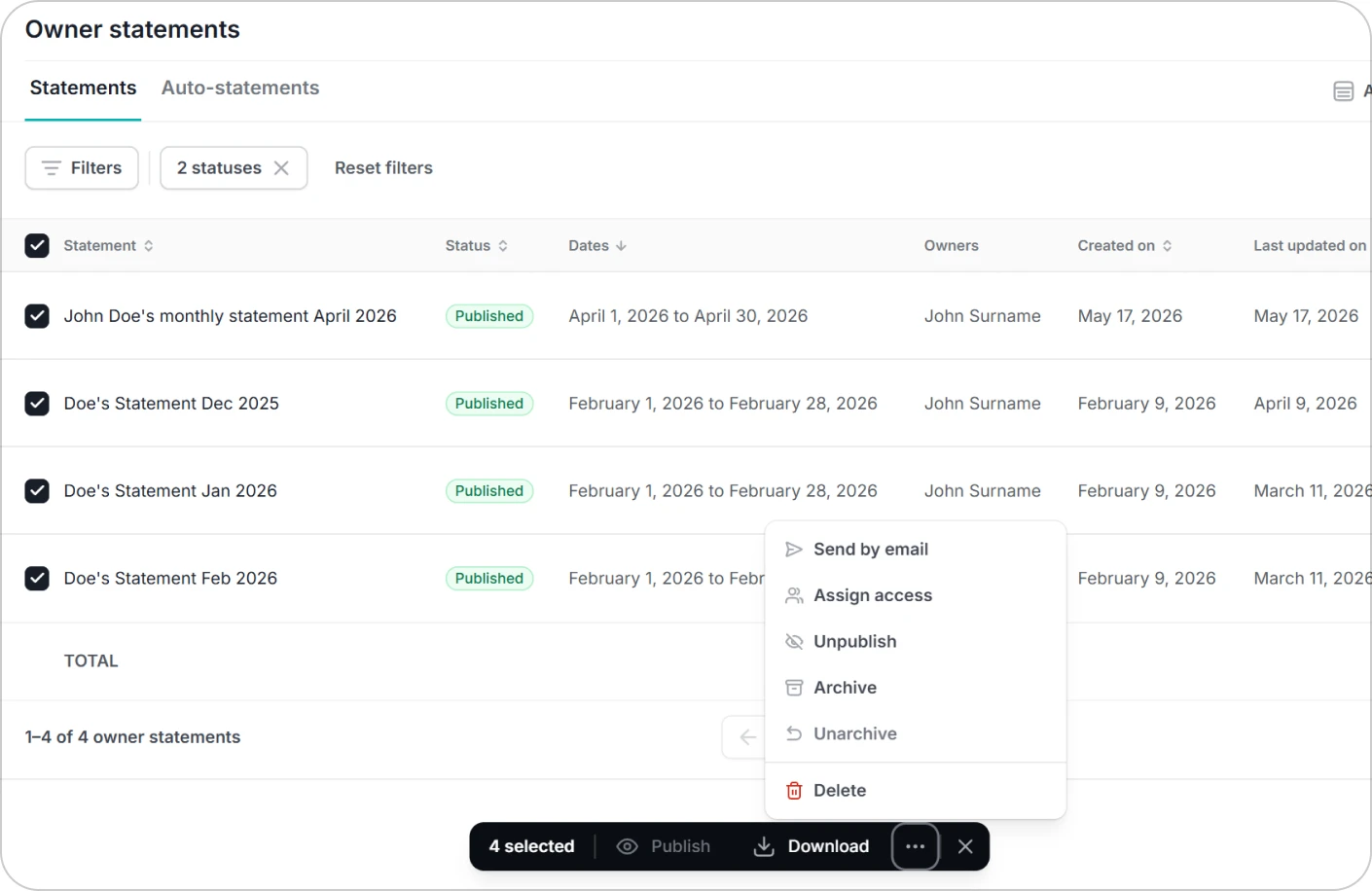 The owner statements workspace in Hostaway, with bulk actions including assigning owner access